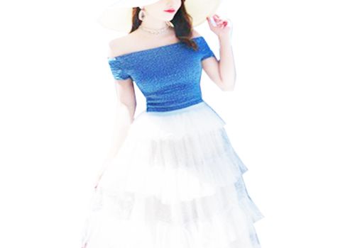白色半身纱裙+蓝色T恤
