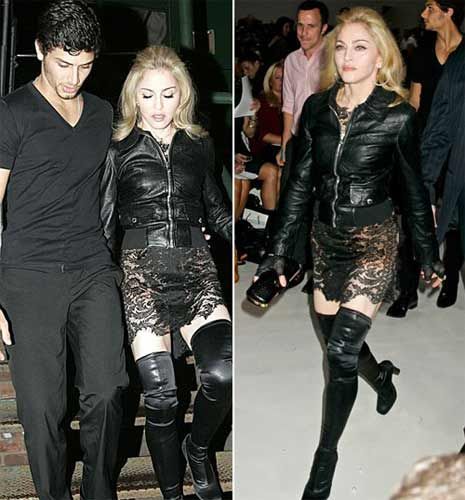 麦当娜看秀蕾丝边配长筒靴 “伤风败俗”老来俏