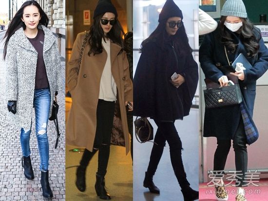 学习杨蜜的外套和紧身裤，展示肌肤和腿部长度