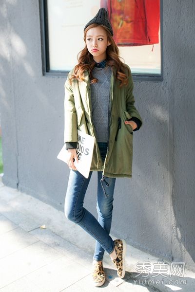 军用绿色棉袄实用搭配时尚休闲范