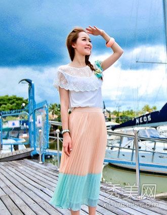 夏季郊游礼服蕾丝衬衫+雪纺裙子很好看