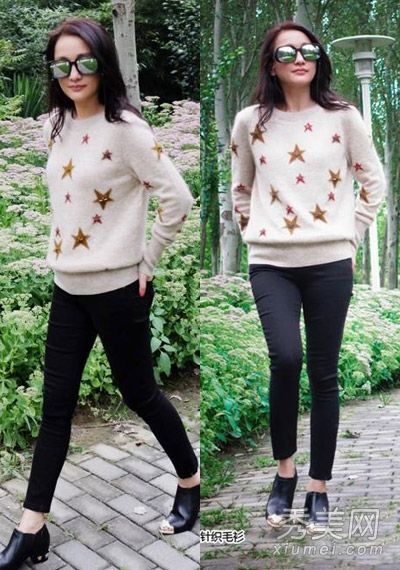 周迅用针织衬衫和打底裤展示秋季时尚