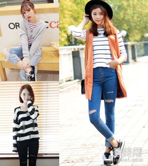 条纹衬衫和牛仔裤吹起秋风