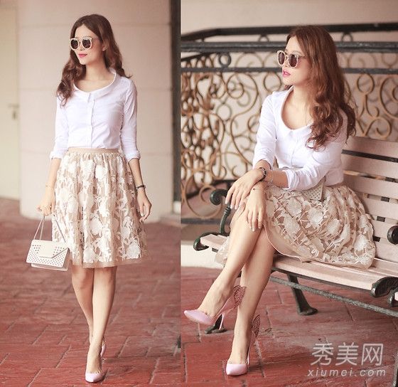 半长裙子+高跟鞋轻盈成熟女性优雅搭配装扮办公室