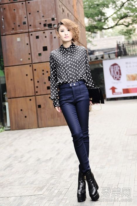 雪纺衬衫+紧身裤干净OL气质
