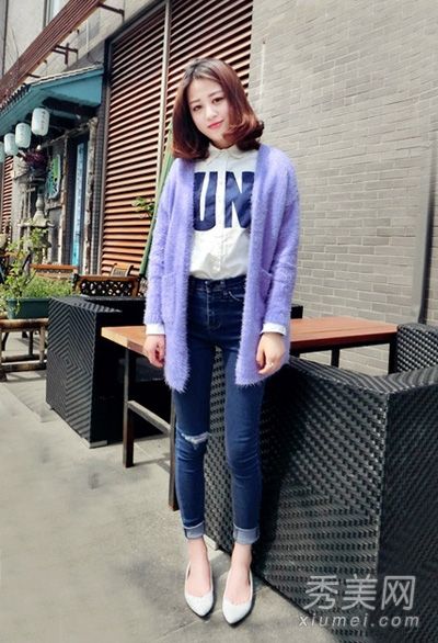 针织开衫+牛仔裤+清明节平底鞋