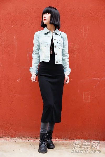 牛仔外套+长裙胖女孩也可以穿苗条的感觉