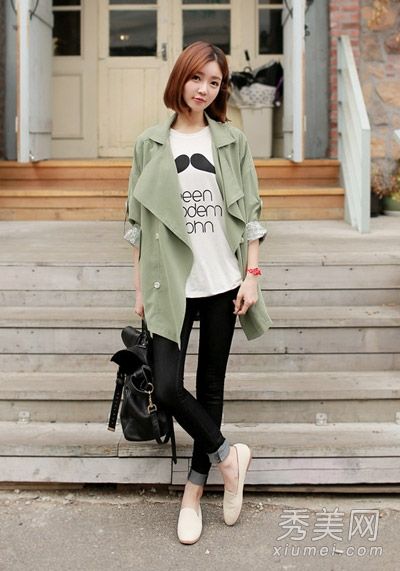 2014春季时尚风衣搭配紧身裤韩范儿