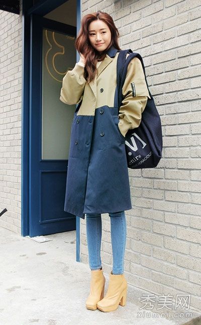 韩版风衣配牛仔裤穿高挑身材好