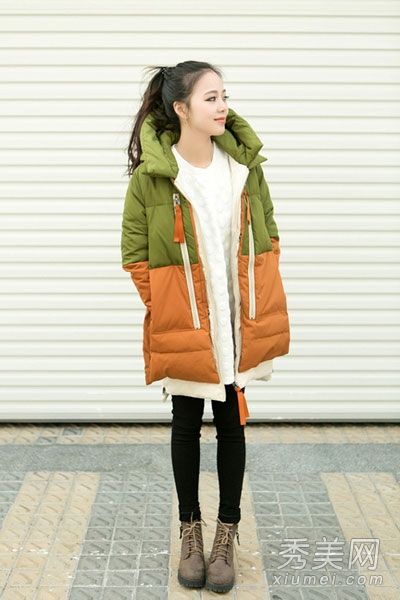 棉袄+紧身裤+短靴修身保暖