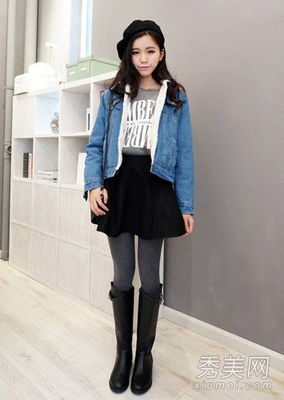 冬季服装采用天鹅绒牛仔夹克，吸收细纹，美化眼睛