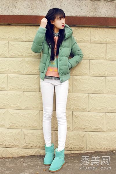 韩国MM支持冬季搭配棉袄+平角短裤