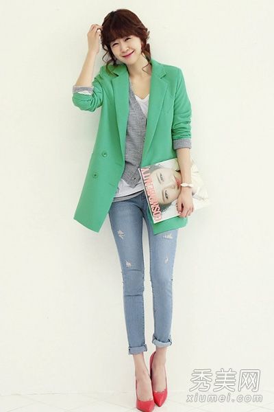 简约小套装+打底裤清新秋色职场美女