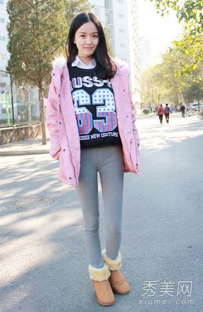 棉或棉袄配打底裤穿紧身