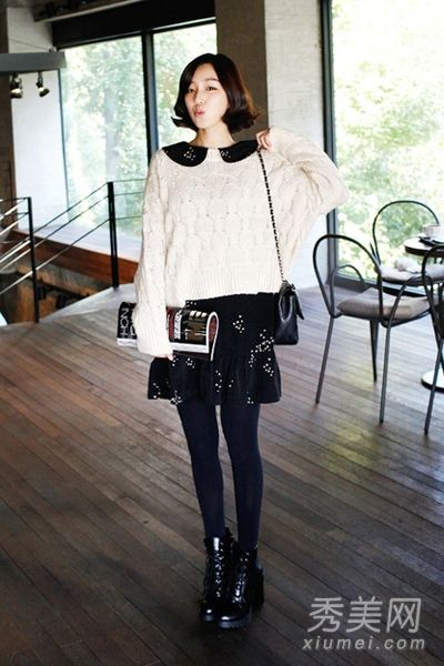 甜美的秋季毛衣+衬衫+邻家姐妹裙