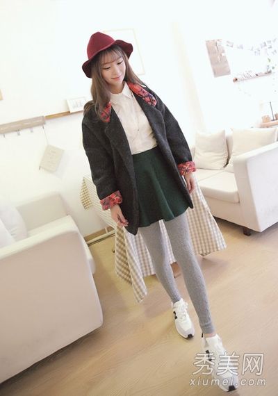 外套+裙子+打底裤水平搭配视觉显瘦