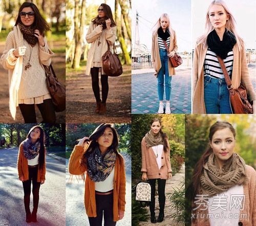 针织夹克，搭配围巾，保暖时尚