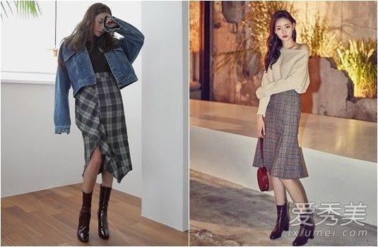 格子鱼尾裙搭配合适的款式，让它变得苗条而不可战胜。