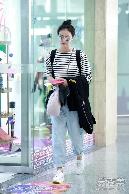 学习高圆圆条纹和牛仔秋天的清新和衰老