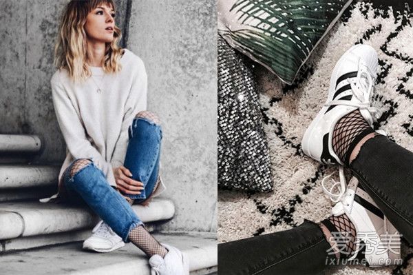 打造运动鞋的时尚新方式!潮人是疯狂的运动鞋+鱼网丝袜的个性