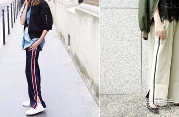 时尚胜过丹宁裤!条纹运动裤在街上很流行。