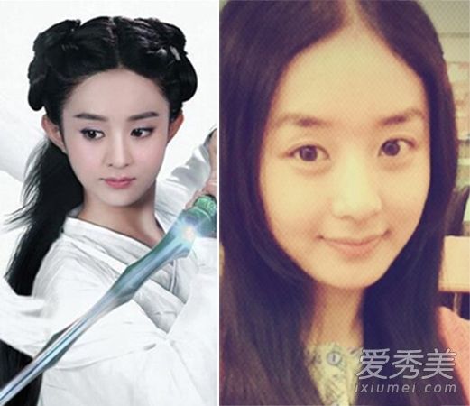 《赵》和《蒋欣》中的九位女明星在华卸妆前后的比较