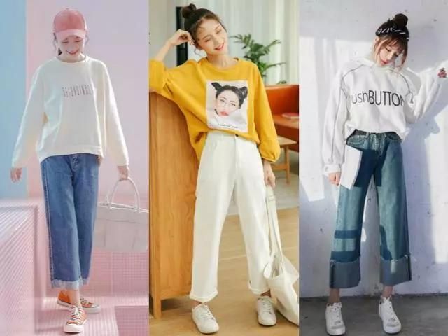 阔腿牛仔裤的多种穿搭，学会这6种足够，减龄少女感十足